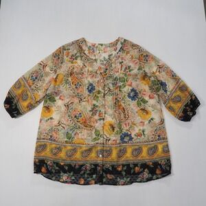 Fig Flower Blouse Womens 2X Floral Paisley Sheer Swiss Dot Pintuck 3/4 Sleeve